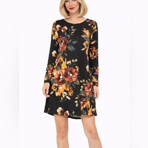 🆕Soft black floral long sleeve swing dress